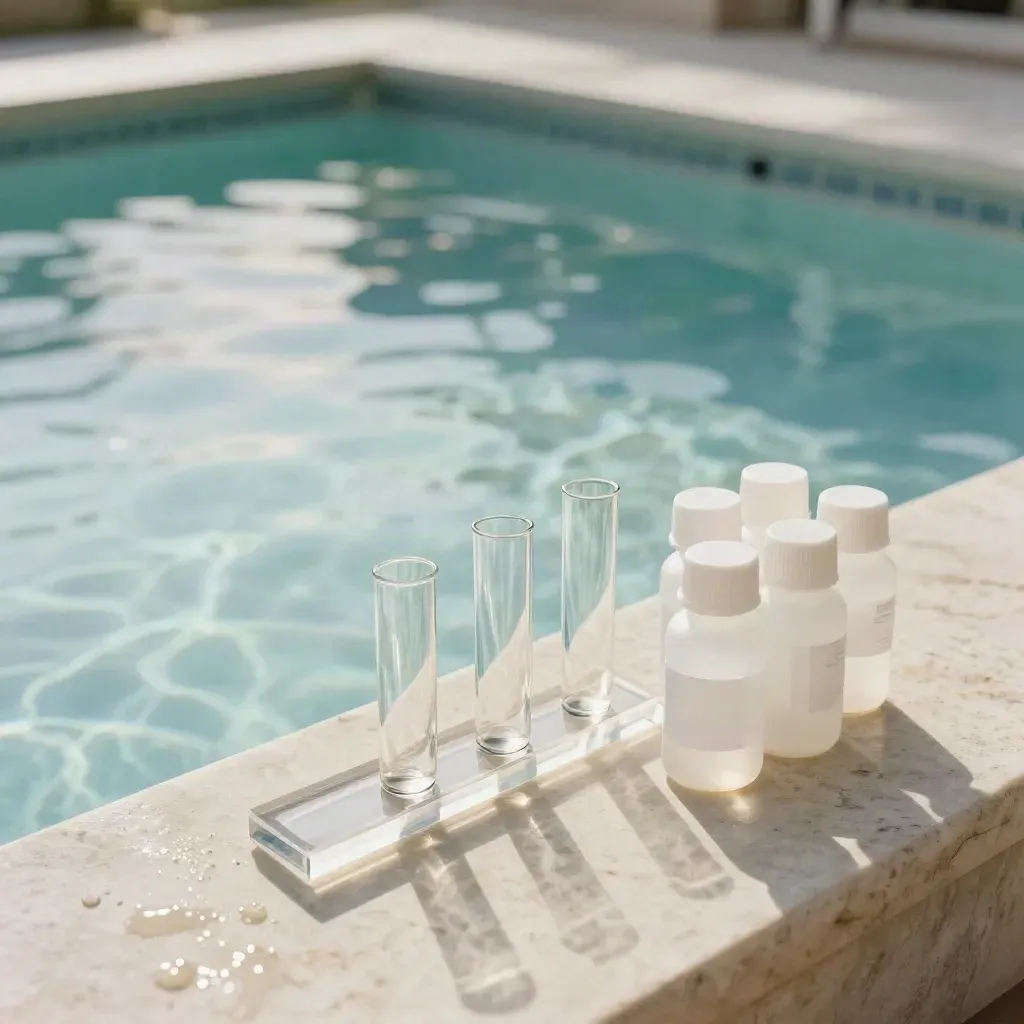 Pool chemistry test vials, comparator block, and sealed reagent bottles on a stone ledge by a pool.