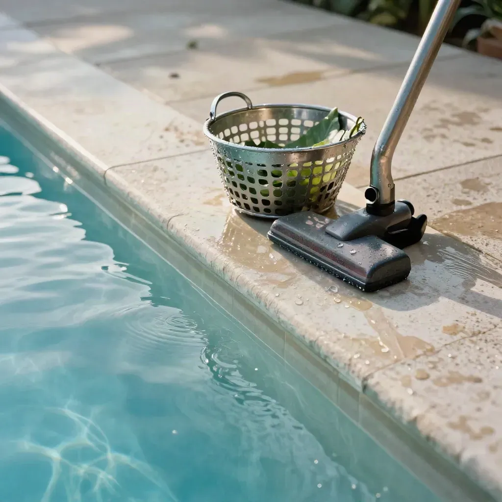 Close-up of a clean pool edge with leaf basket and vacuum head beside settled clear water.
