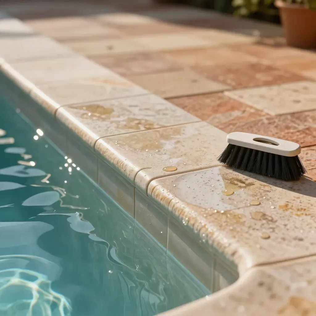 Waterline tile, clean liner edge, and a maintenance brush beside damp pool coping.
