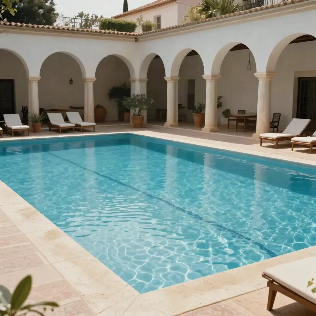 Immaculate HOA courtyard pool with calm blue water, aligned loungers, and sunlit stone arcades.