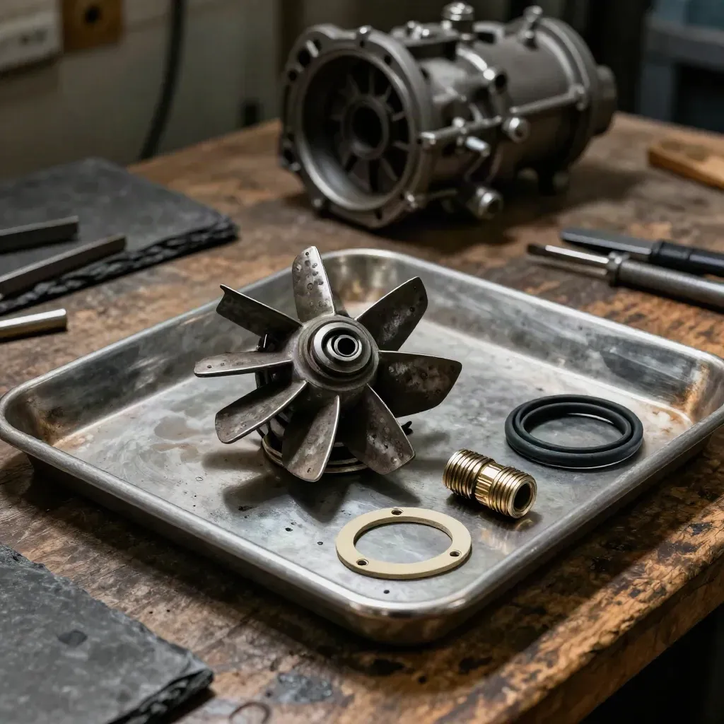 Pump repair parts arranged on a workshop bench with dramatic side light.