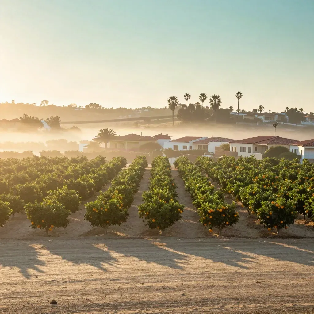 Orange County sunrise over citrus groves and low rooftops in warm haze