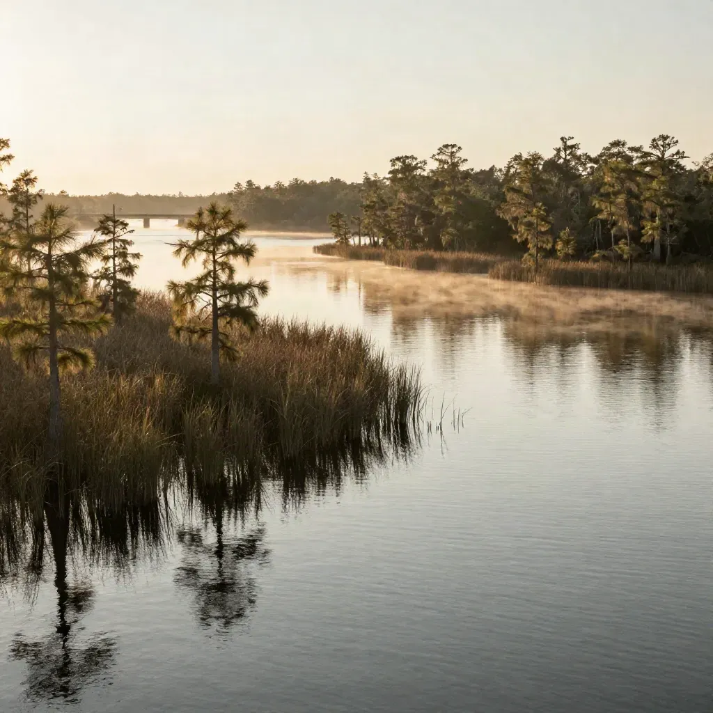 Golden-hour cypress marsh and still lake with a distant bridge silhouette in Seminole County.