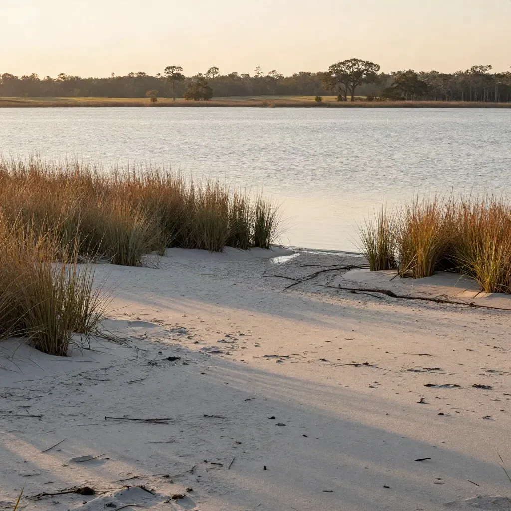 Osceola County lake horizon with sandy shore, sawgrass, distant trees, and warm evening sky.